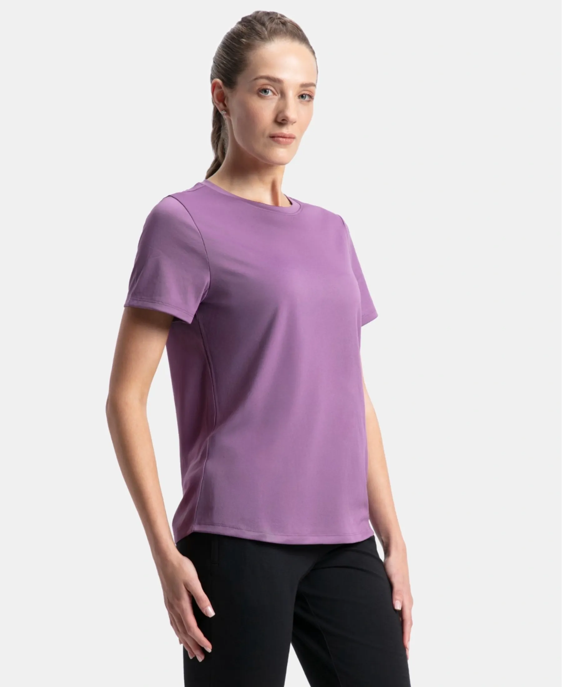 Microfiber Polyester Fabric Relaxed Fit Solid Round Neck Half Sleeve T-Shirt - Chinese Violet