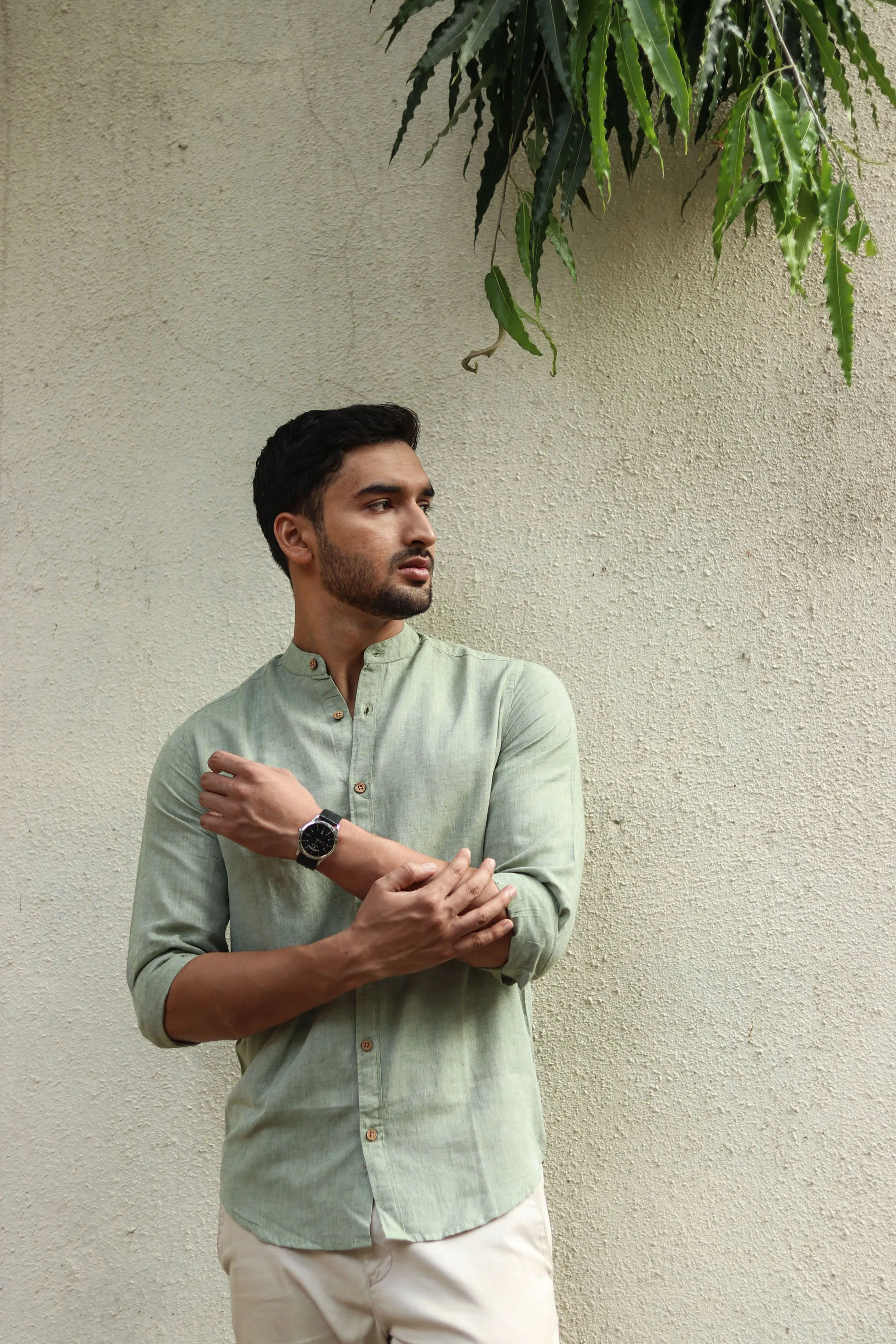 Military Green · Mandarin Collar Shirt