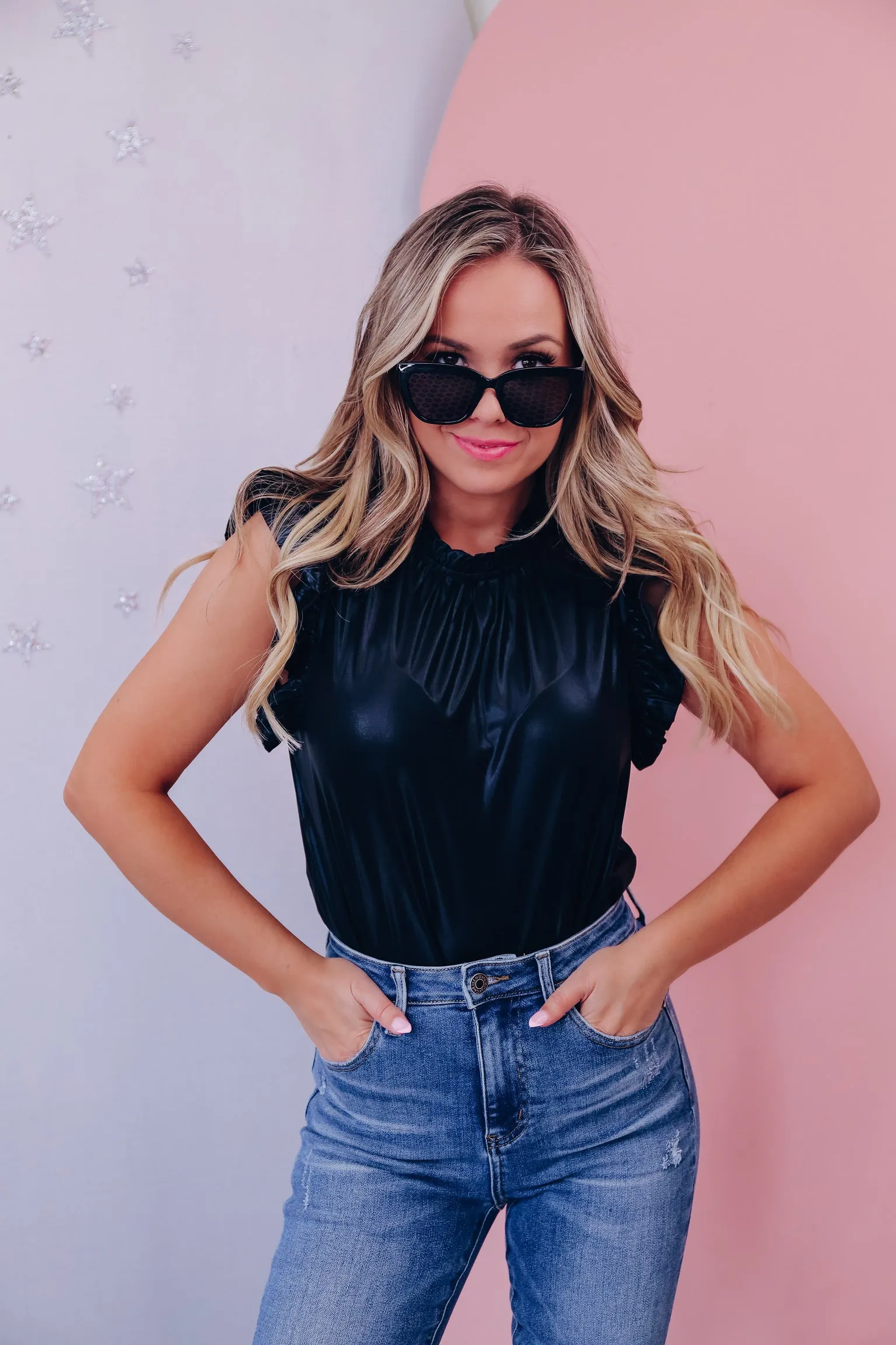 Mitzi Metallic Ruffle Neck Top - Black