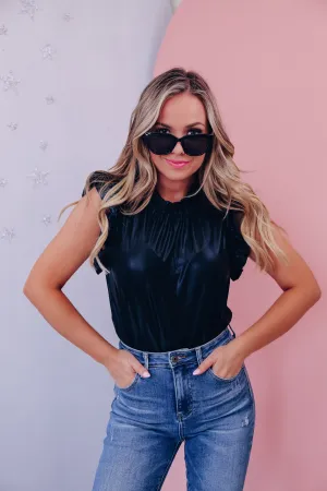 Mitzi Metallic Ruffle Neck Top - Black