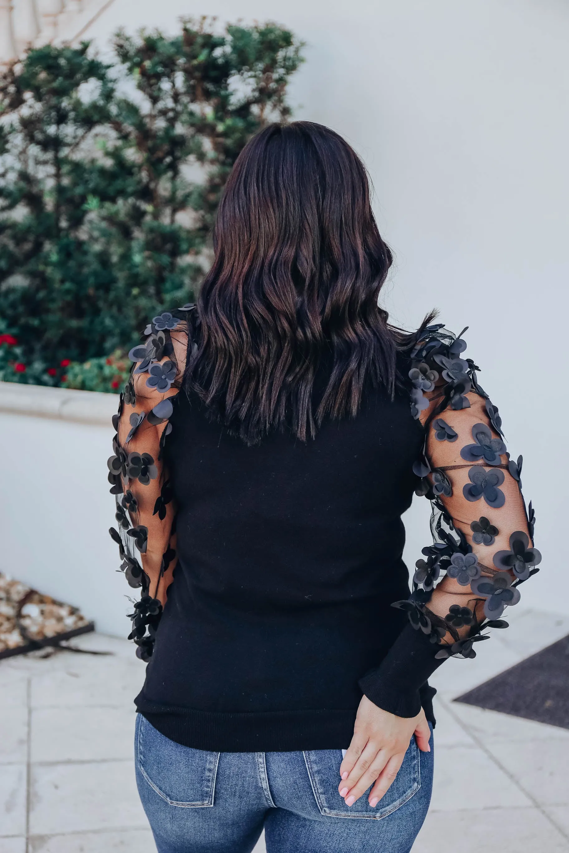 Monarch Garden Sheer Sleeve Top - Black