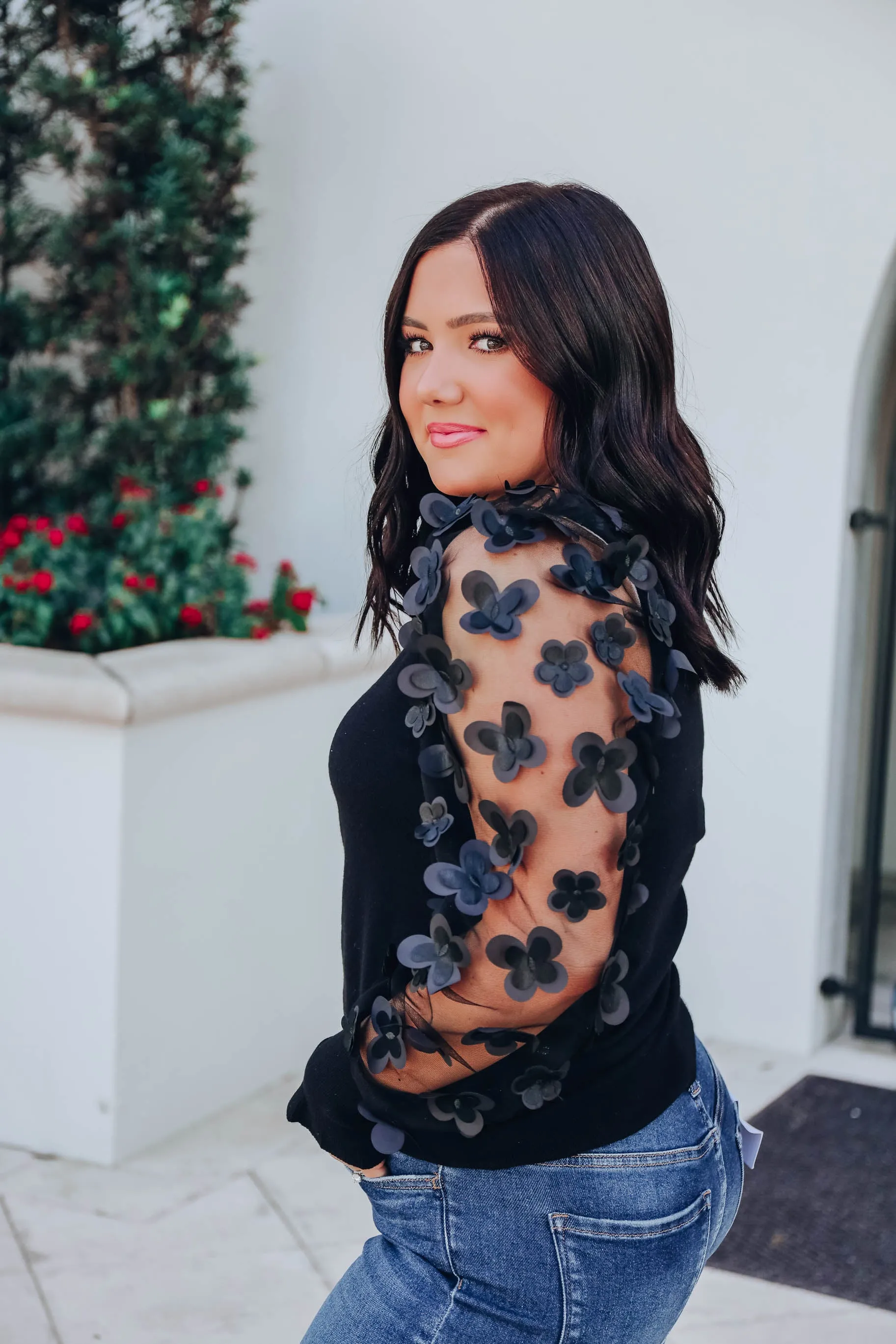 Monarch Garden Sheer Sleeve Top - Black