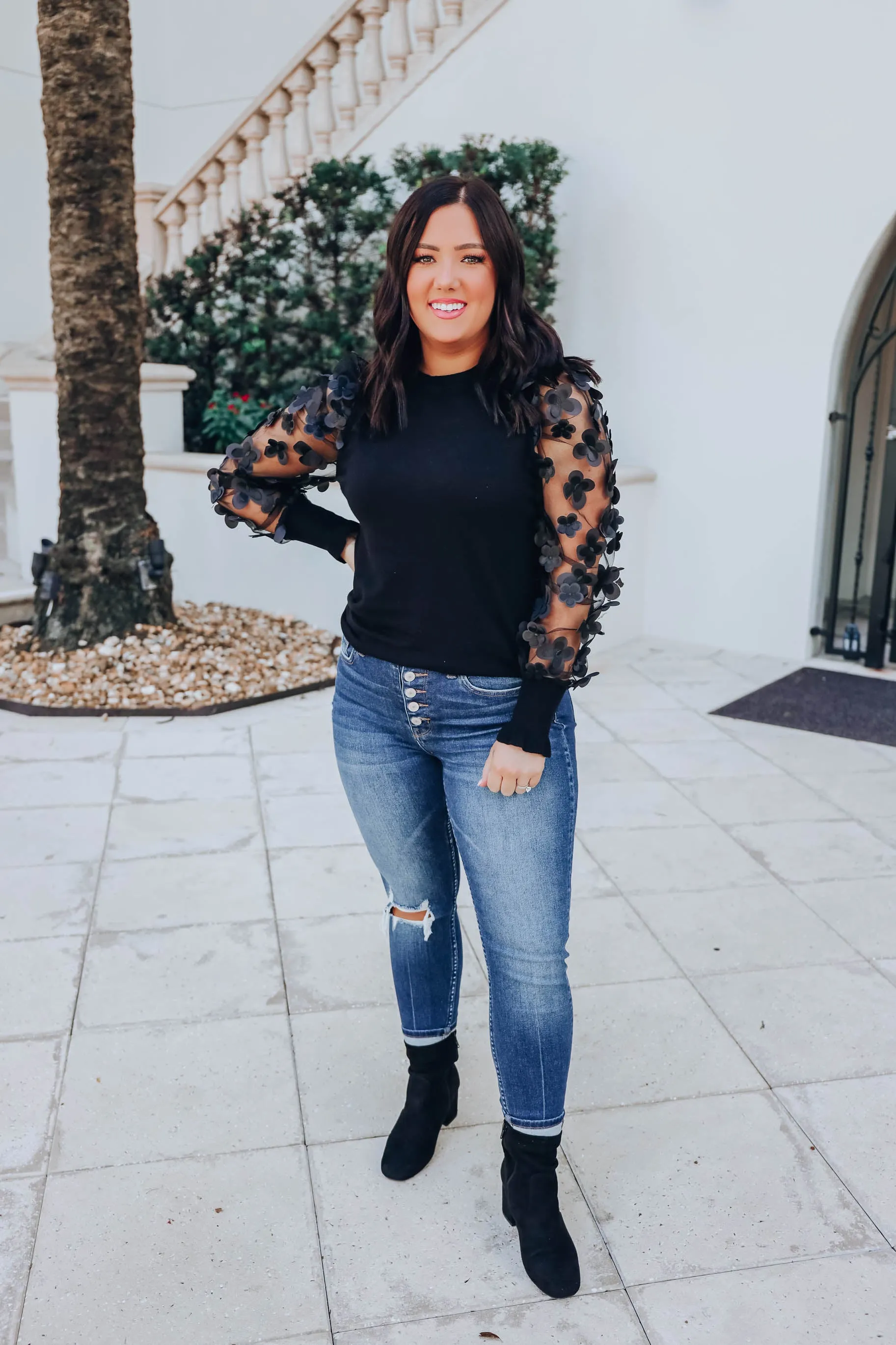 Monarch Garden Sheer Sleeve Top - Black