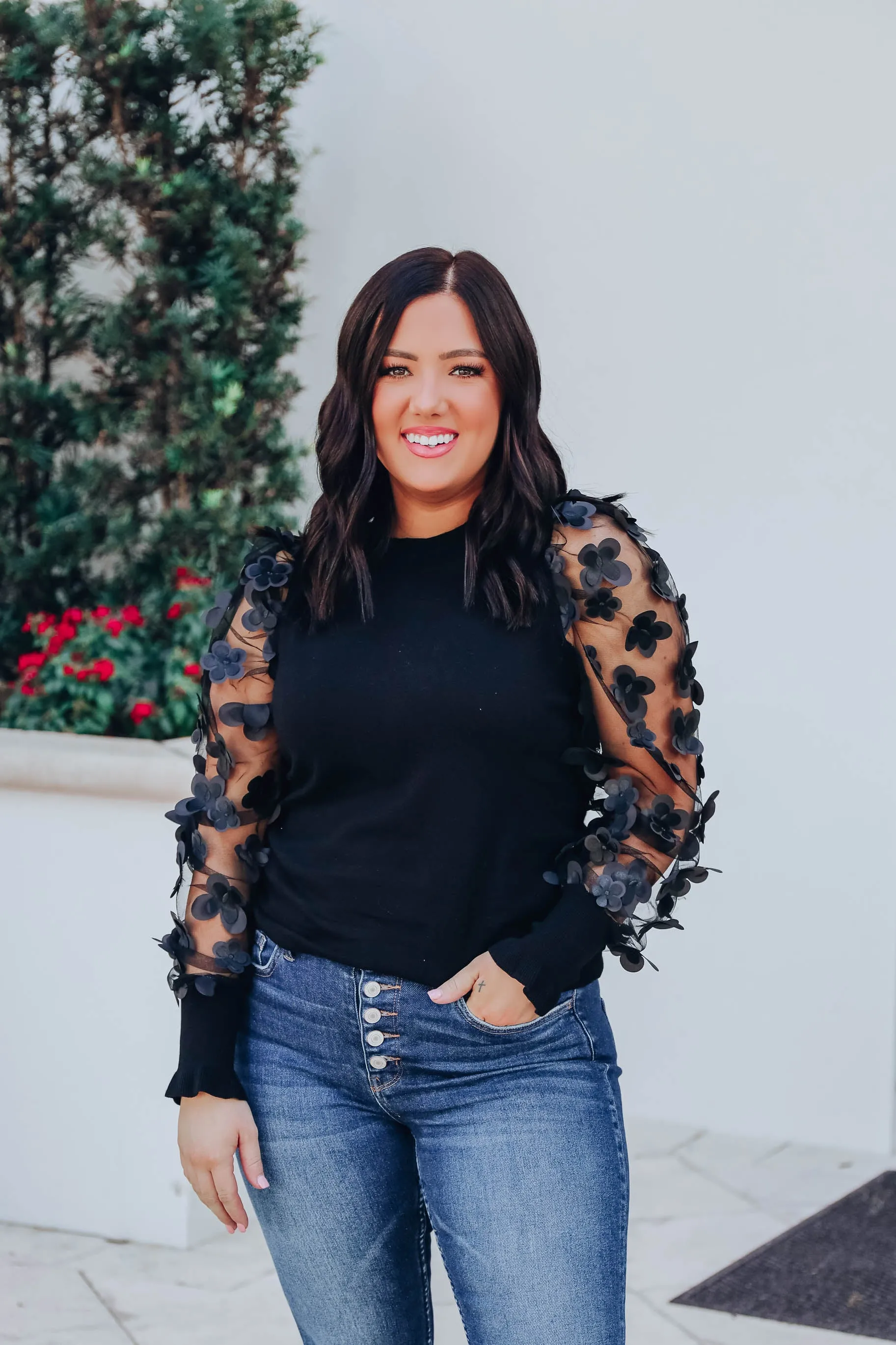 Monarch Garden Sheer Sleeve Top - Black