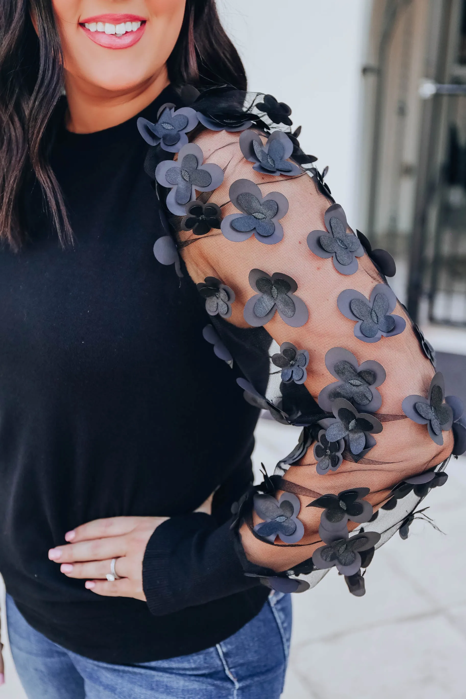 Monarch Garden Sheer Sleeve Top - Black