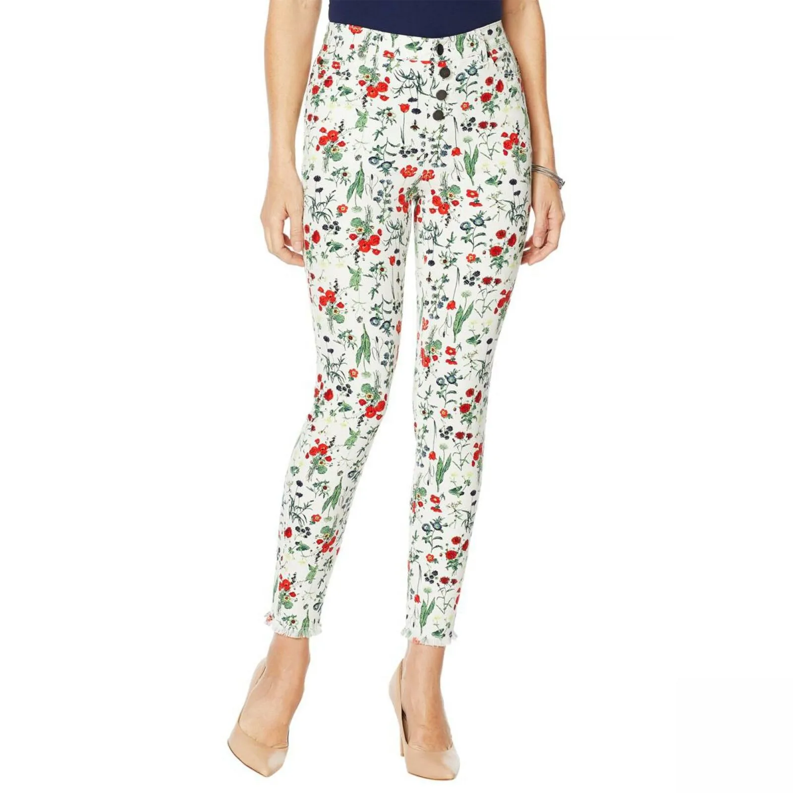 MOTTO Fearless Faux Button Front Stretch Raw Hem Jeans Botanical Floral 6