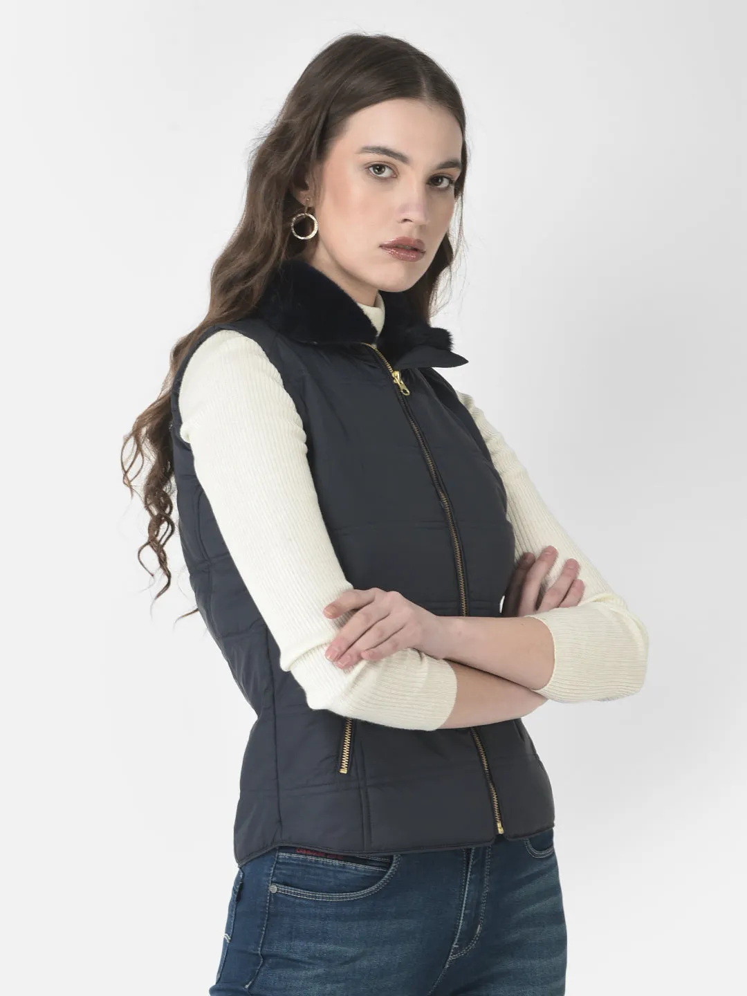 Navy Blue Fur-Lined Gilet