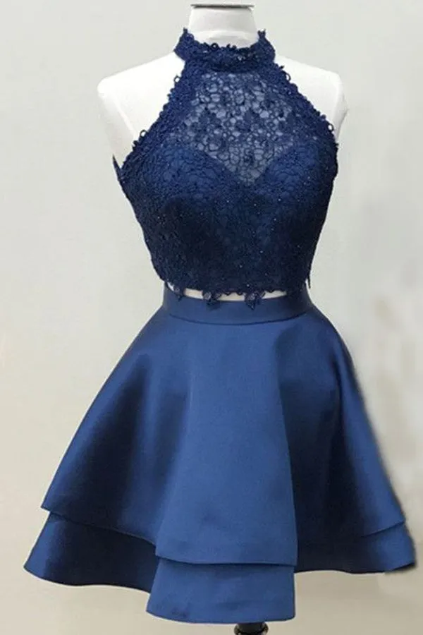 Navy Blue Two Piece Homecoming Dresses Short Prom Dress with  Lace Crop Top, SH318