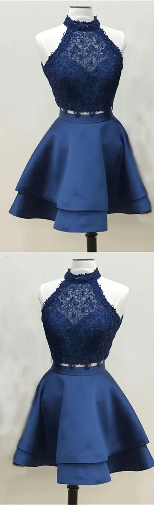 Navy Blue Two Piece Homecoming Dresses Short Prom Dress with  Lace Crop Top, SH318