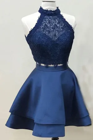 Navy Blue Two Piece Homecoming Dresses Short Prom Dress with  Lace Crop Top, SH318