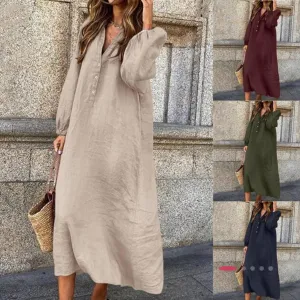 New cotton and linen solid color long sleeve V-neck dress