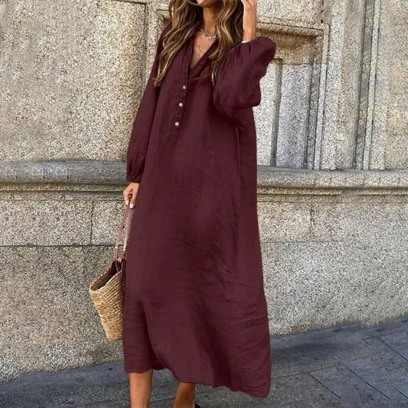 New cotton and linen solid color long sleeve V-neck dress