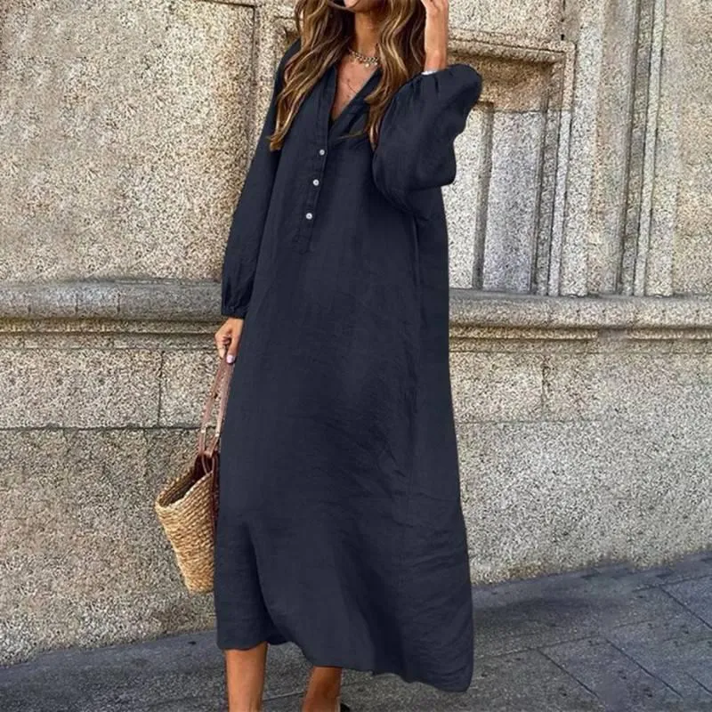 New cotton and linen solid color long sleeve V-neck dress