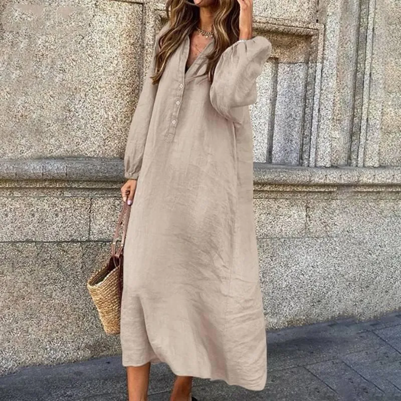 New cotton and linen solid color long sleeve V-neck dress