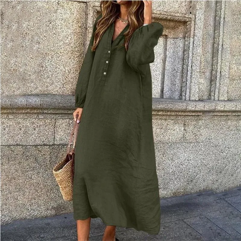 New cotton and linen solid color long sleeve V-neck dress