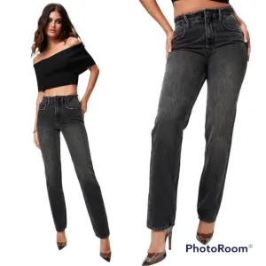 NEW Good American 90s Icon Straight fit High-Rise Jeans In Black $145 Size 15