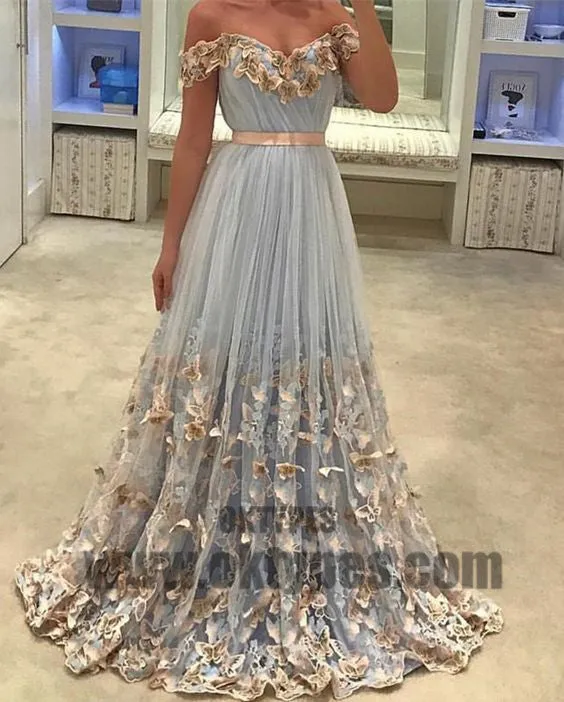 Newest Long Mermaid Prom Dresses, Off-shoulder Appliques Prom Dresses, Backless Zipper Tulle Prom Dresses, TYP0367