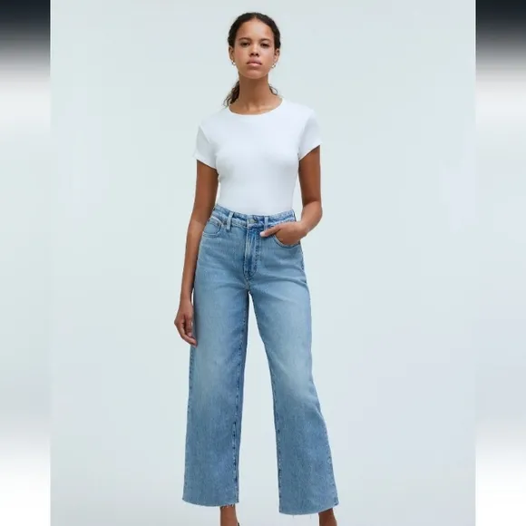 NWOT Madewell The Perfect Vintage Wide Leg Crop Jeans Light Wash Raw Hem Sz 32P