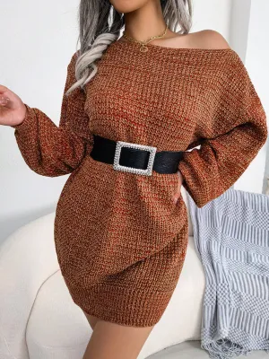 Off-Shoulder Knitted Wool Mini Dress with Lantern Sleeves