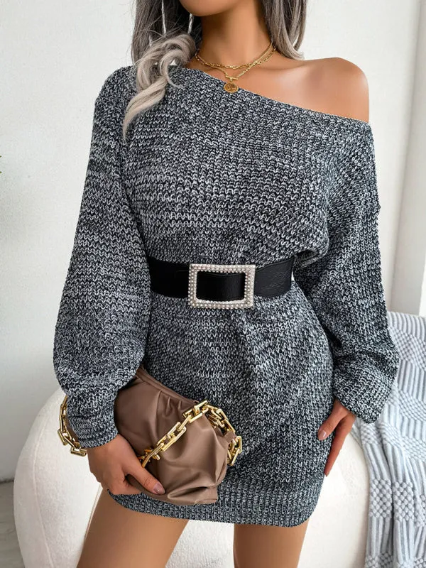 Off-Shoulder Knitted Wool Mini Dress with Lantern Sleeves