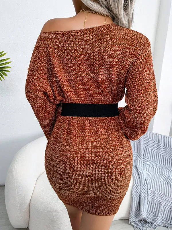 Off-Shoulder Knitted Wool Mini Dress with Lantern Sleeves