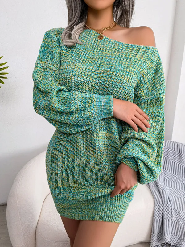 Off-Shoulder Knitted Wool Mini Dress with Lantern Sleeves
