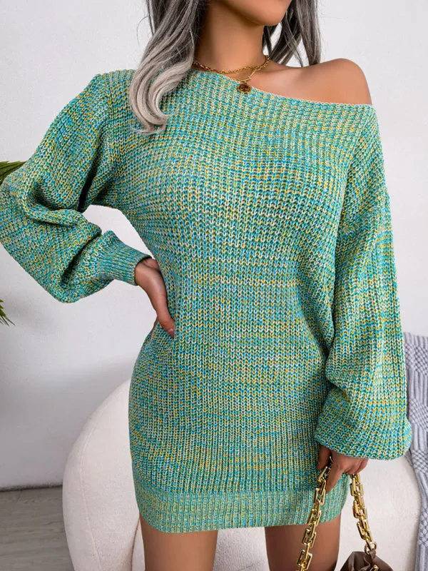 Off-Shoulder Knitted Wool Mini Dress with Lantern Sleeves