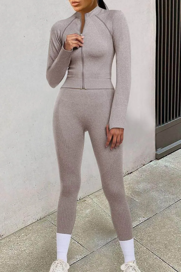 OLCHEE Womens Workout Sets 2 Piece - Seamless Yoga Outfits Long Sleeve Zipper Jacket and High Waist Leggings Butt Lifting Gym Set - Cream Medium