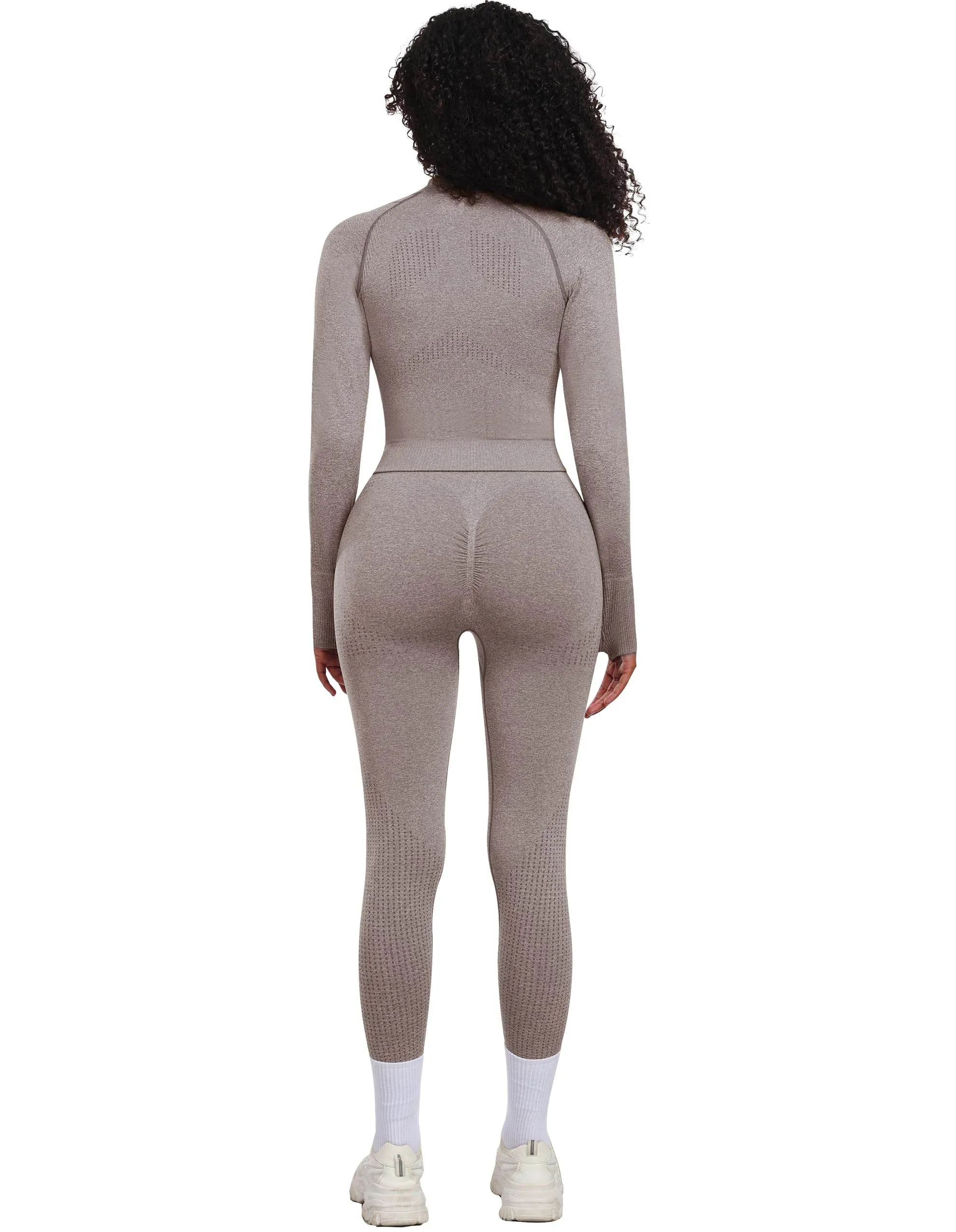 OLCHEE Womens Workout Sets 2 Piece - Seamless Yoga Outfits Long Sleeve Zipper Jacket and High Waist Leggings Butt Lifting Gym Set - Cream Medium