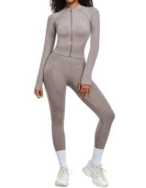 OLCHEE Womens Workout Sets 2 Piece - Seamless Yoga Outfits Long Sleeve Zipper Jacket and High Waist Leggings Butt Lifting Gym Set - Cream Medium