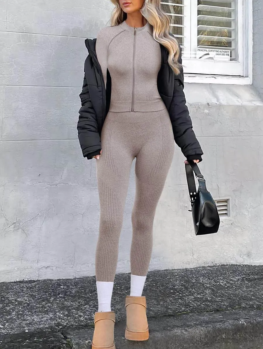 OLCHEE Womens Workout Sets 2 Piece - Seamless Yoga Outfits Long Sleeve Zipper Jacket and High Waist Leggings Butt Lifting Gym Set - Cream Medium
