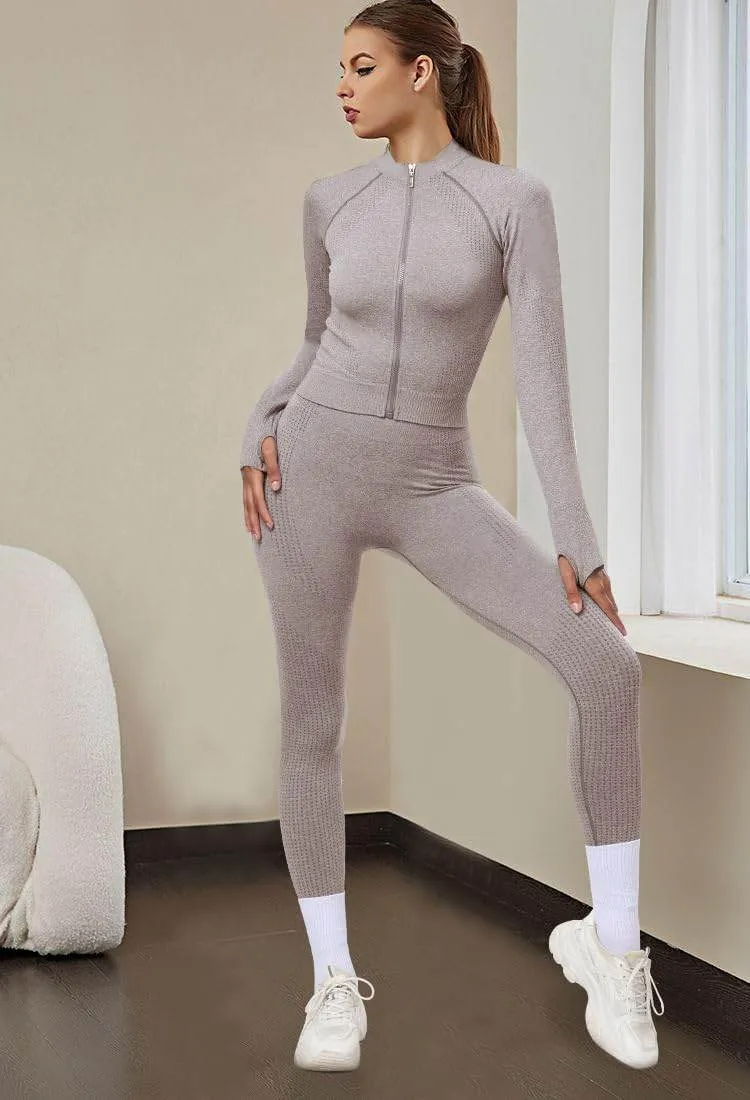 OLCHEE Womens Workout Sets 2 Piece - Seamless Yoga Outfits Long Sleeve Zipper Jacket and High Waist Leggings Butt Lifting Gym Set - Cream Medium