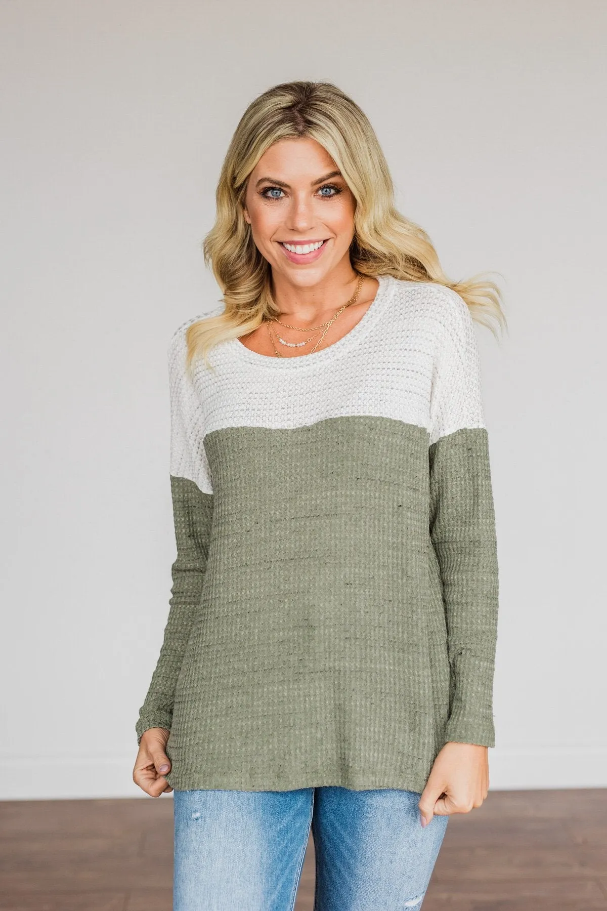 On To Better Things Knit Long Sleeve Top- Olive & Ivory