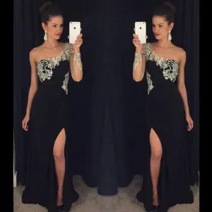 One Shoulder Black Jersey Side Slit Rhinestone Prom Dresses, See Through Long Prom Dresses, PD0314