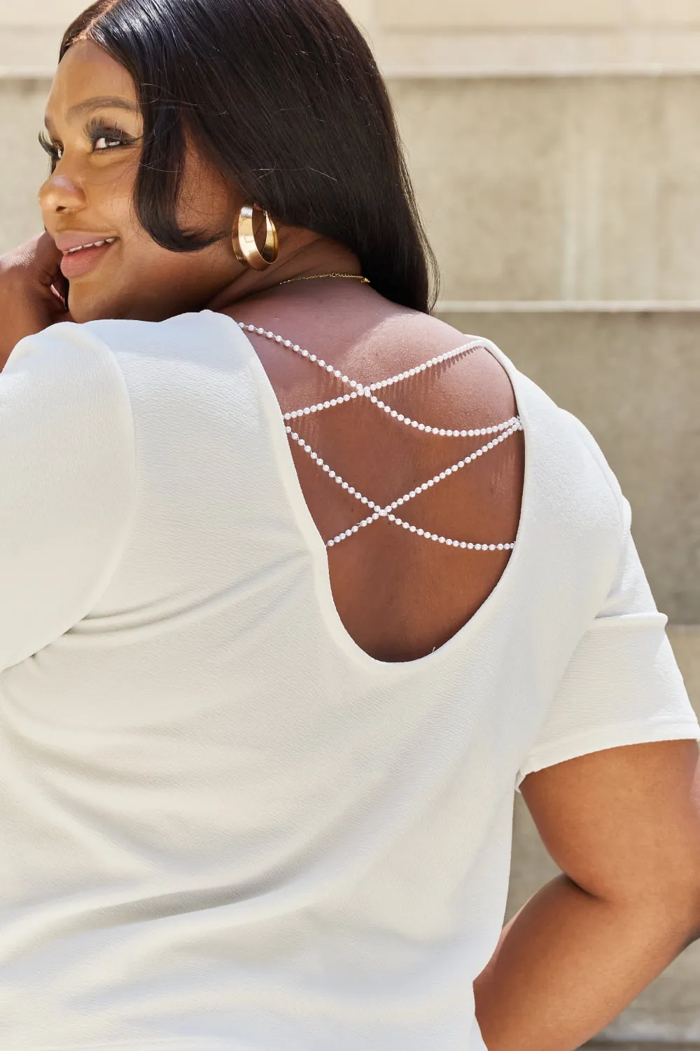 Open Back T-Shirt with Pearl Detail