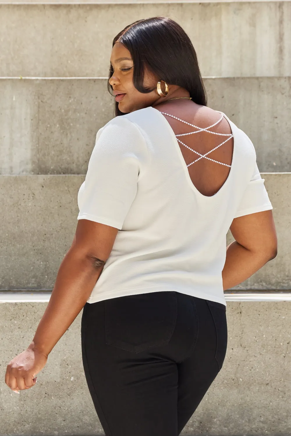 Open Back T-Shirt with Pearl Detail