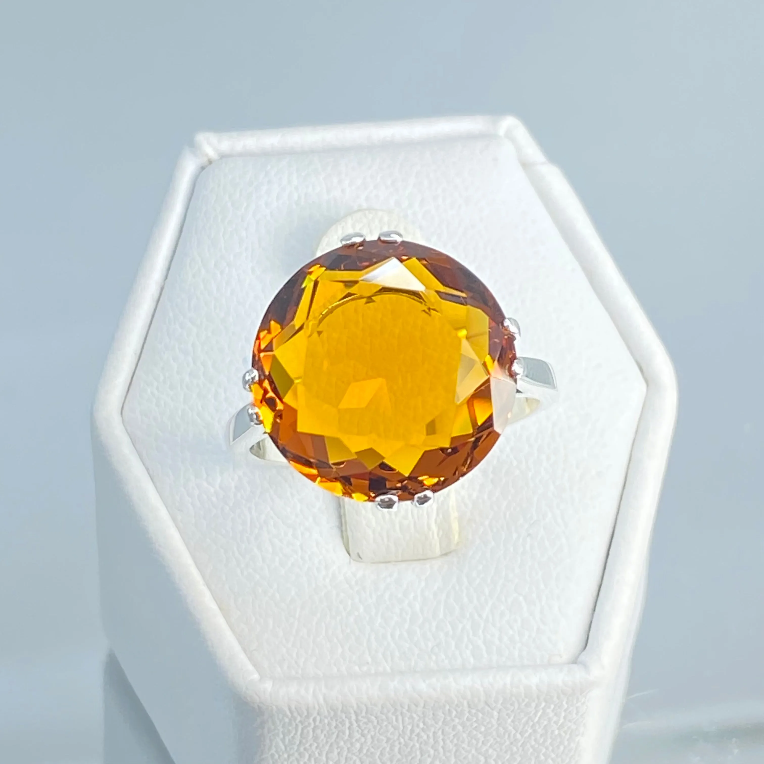 Orange Citrine Ring, Round Gem, Silver Fleur de Lis Filigree Victorian Jewelry, D07