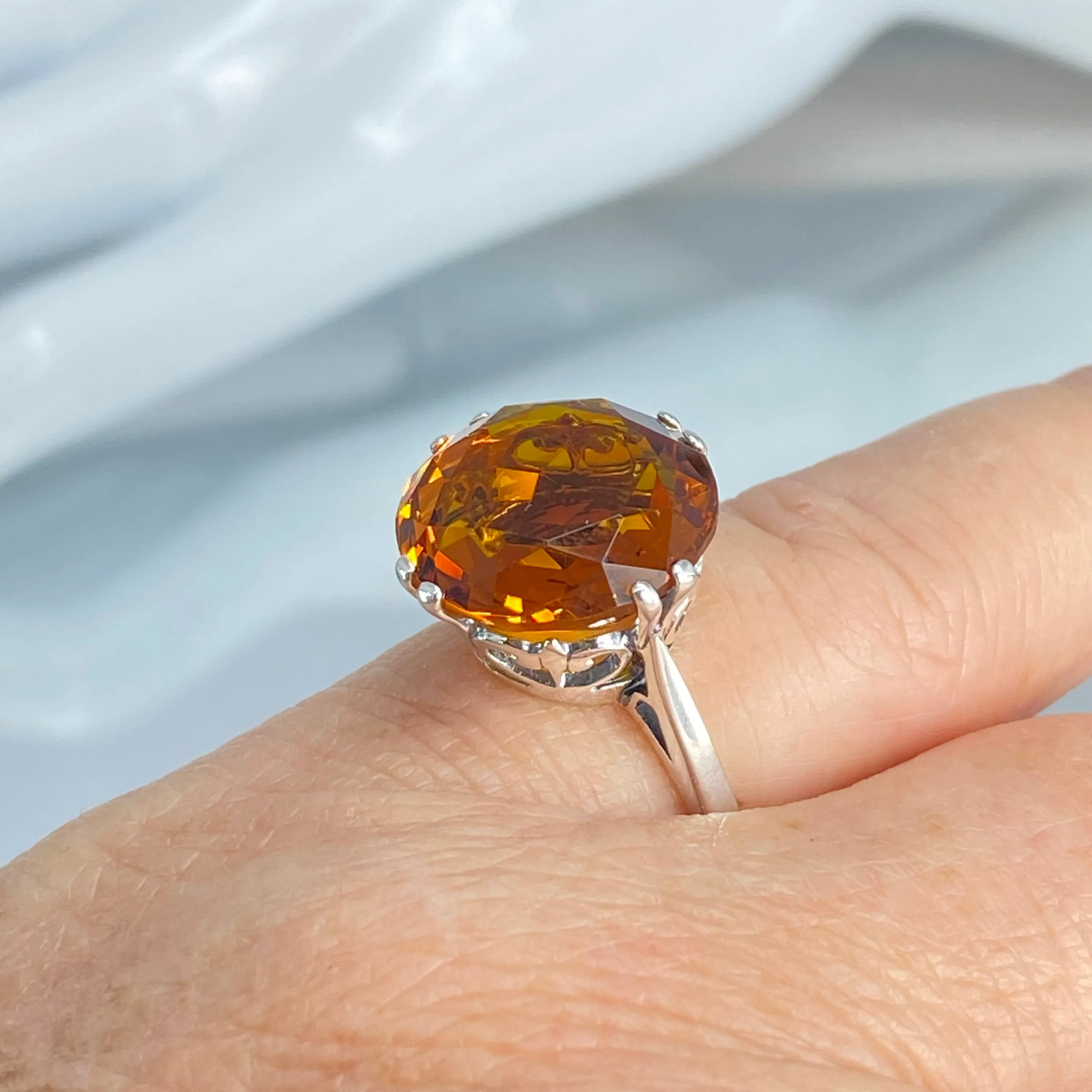 Orange Citrine Ring, Round Gem, Silver Fleur de Lis Filigree Victorian Jewelry, D07