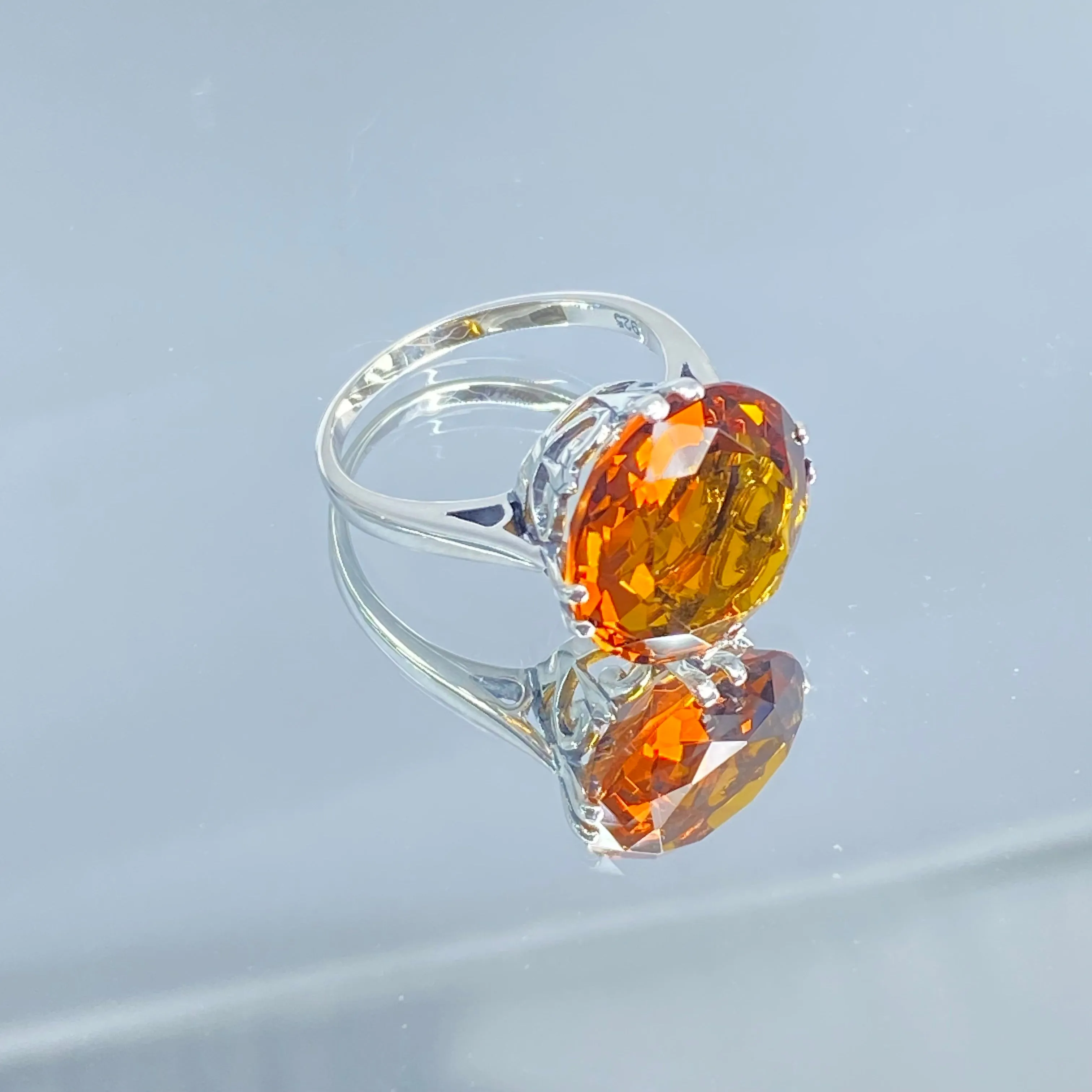 Orange Citrine Ring, Round Gem, Silver Fleur de Lis Filigree Victorian Jewelry, D07