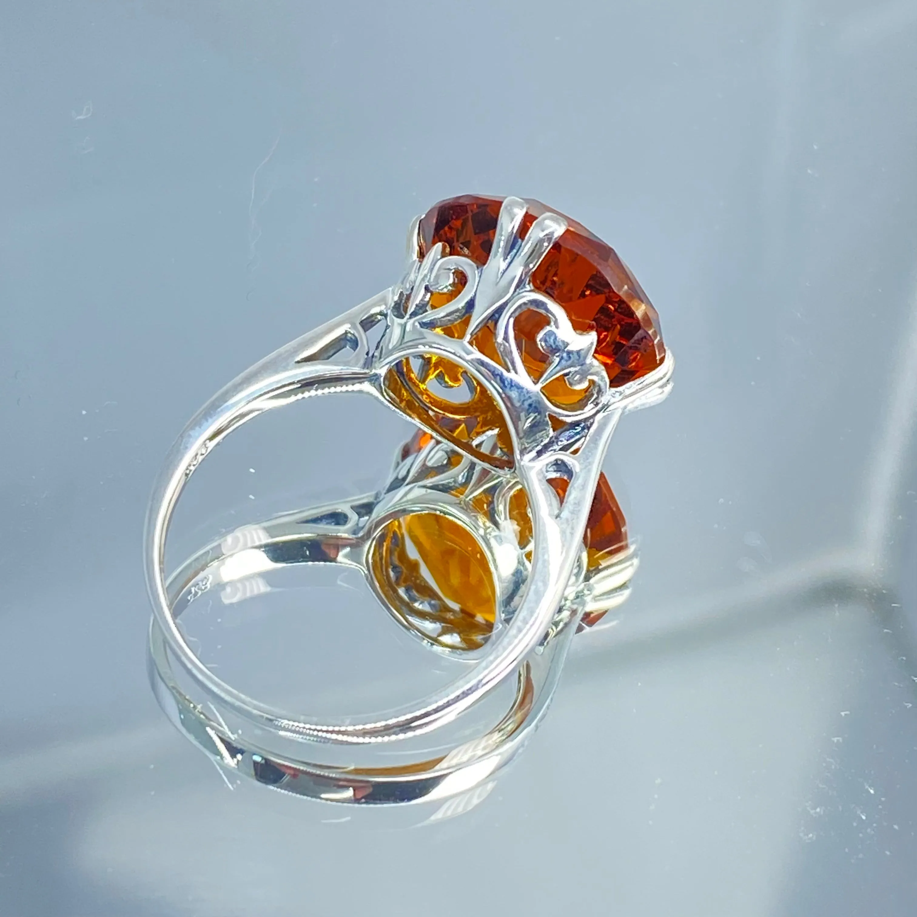Orange Citrine Ring, Round Gem, Silver Fleur de Lis Filigree Victorian Jewelry, D07
