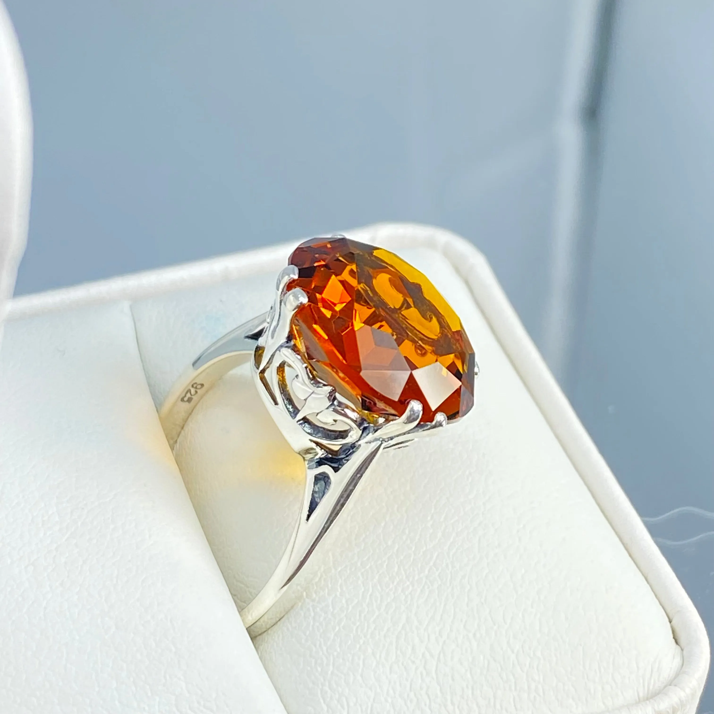 Orange Citrine Ring, Round Gem, Silver Fleur de Lis Filigree Victorian Jewelry, D07