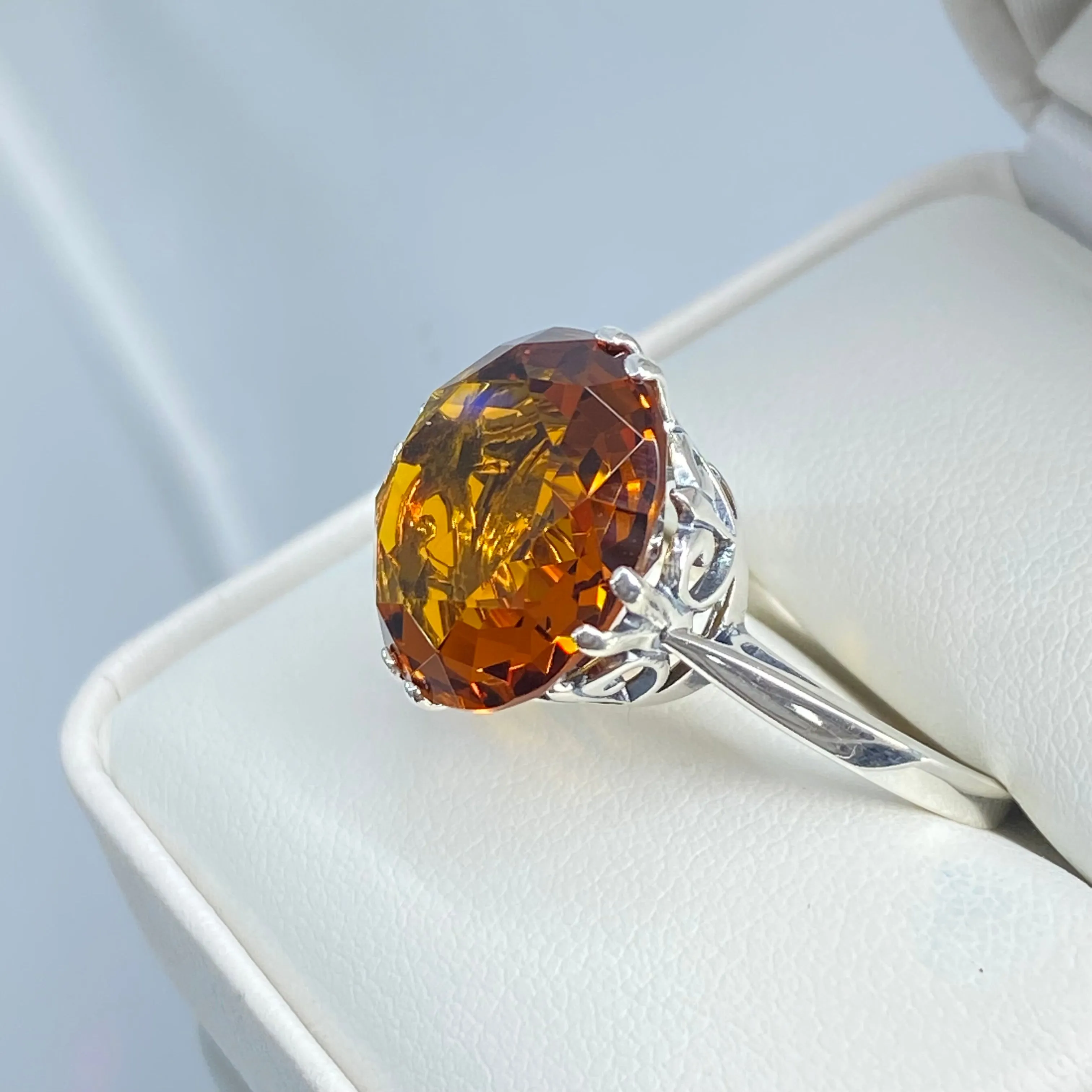 Orange Citrine Ring, Round Gem, Silver Fleur de Lis Filigree Victorian Jewelry, D07