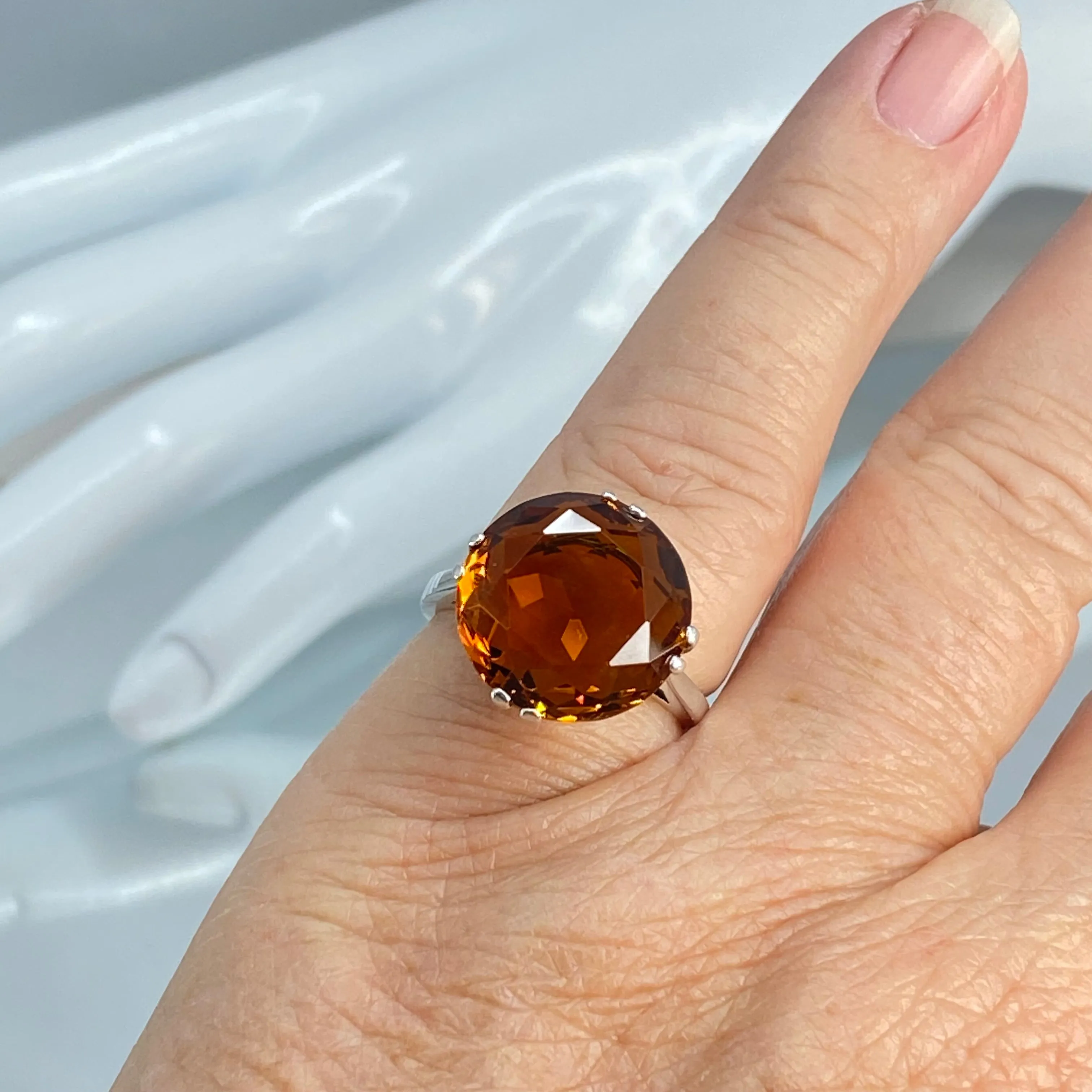 Orange Citrine Ring, Round Gem, Silver Fleur de Lis Filigree Victorian Jewelry, D07