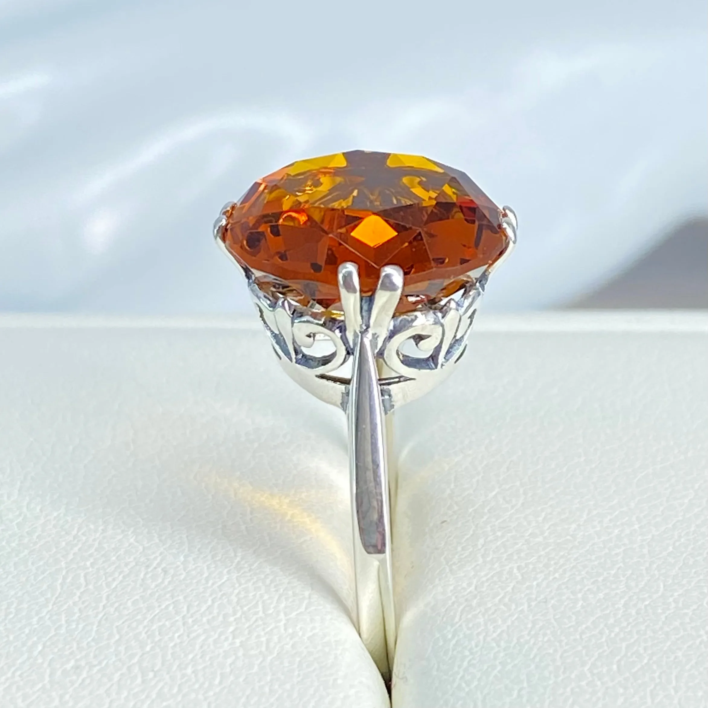 Orange Citrine Ring, Round Gem, Silver Fleur de Lis Filigree Victorian Jewelry, D07