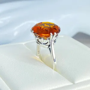 Orange Citrine Ring, Round Gem, Silver Fleur de Lis Filigree Victorian Jewelry, D07