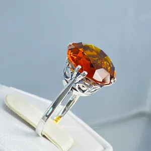 Orange Citrine Ring, size 8, Round Gem, Silver Fleur de Lis Filigree Victorian Jewelry, D07 - Ready to Ship