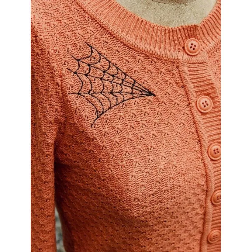 Orange Knit Embroidered Spiderweb Cardigan by Hemet