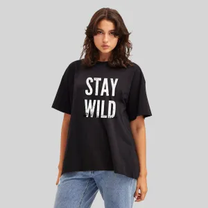 Peach Blossom Women's Printed Over-sized  Tshirt | Cotton Half Sleeve Black Color T-Shirt |  Stay Wild