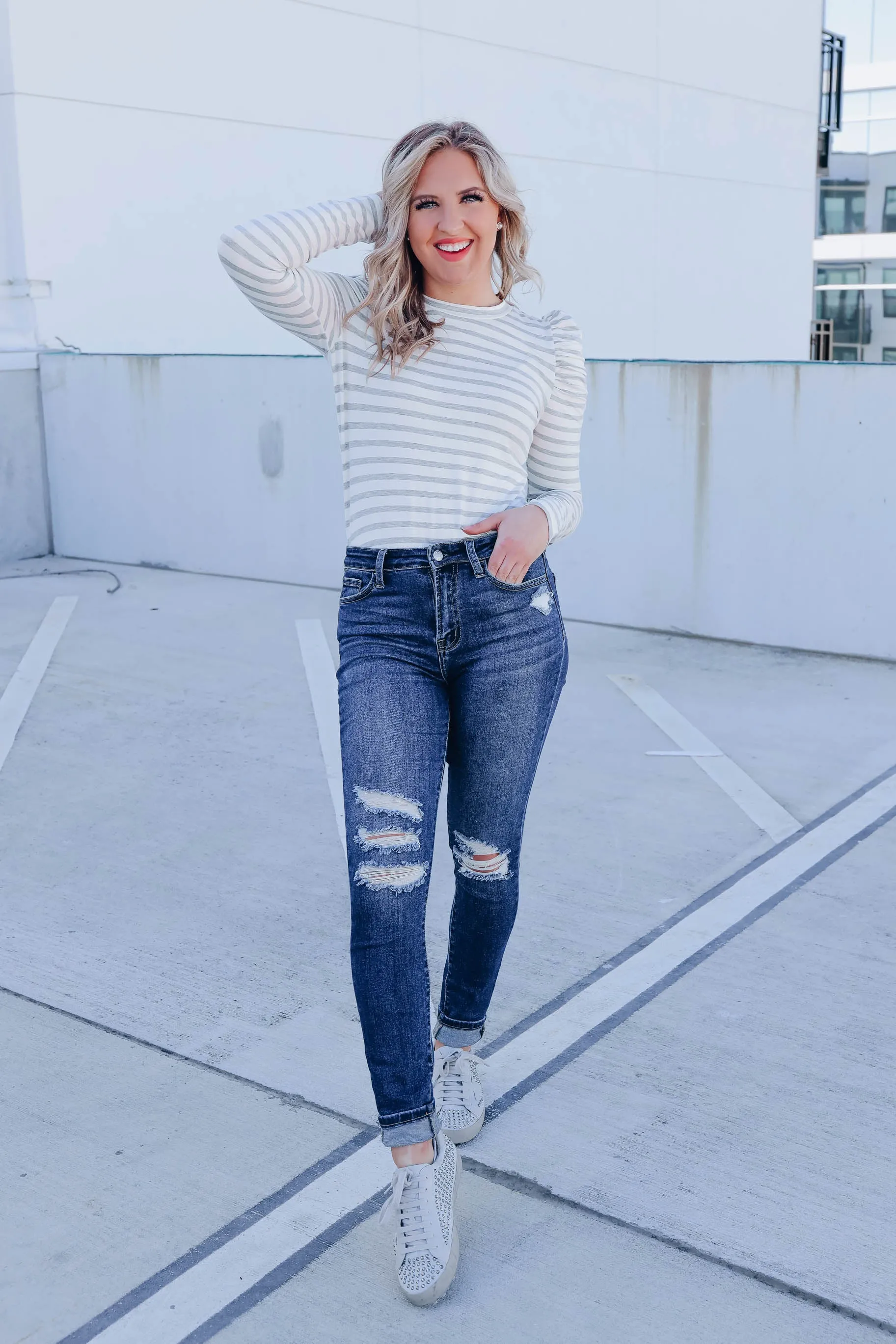 Poised Puff Shoulder Top - White/H. Grey