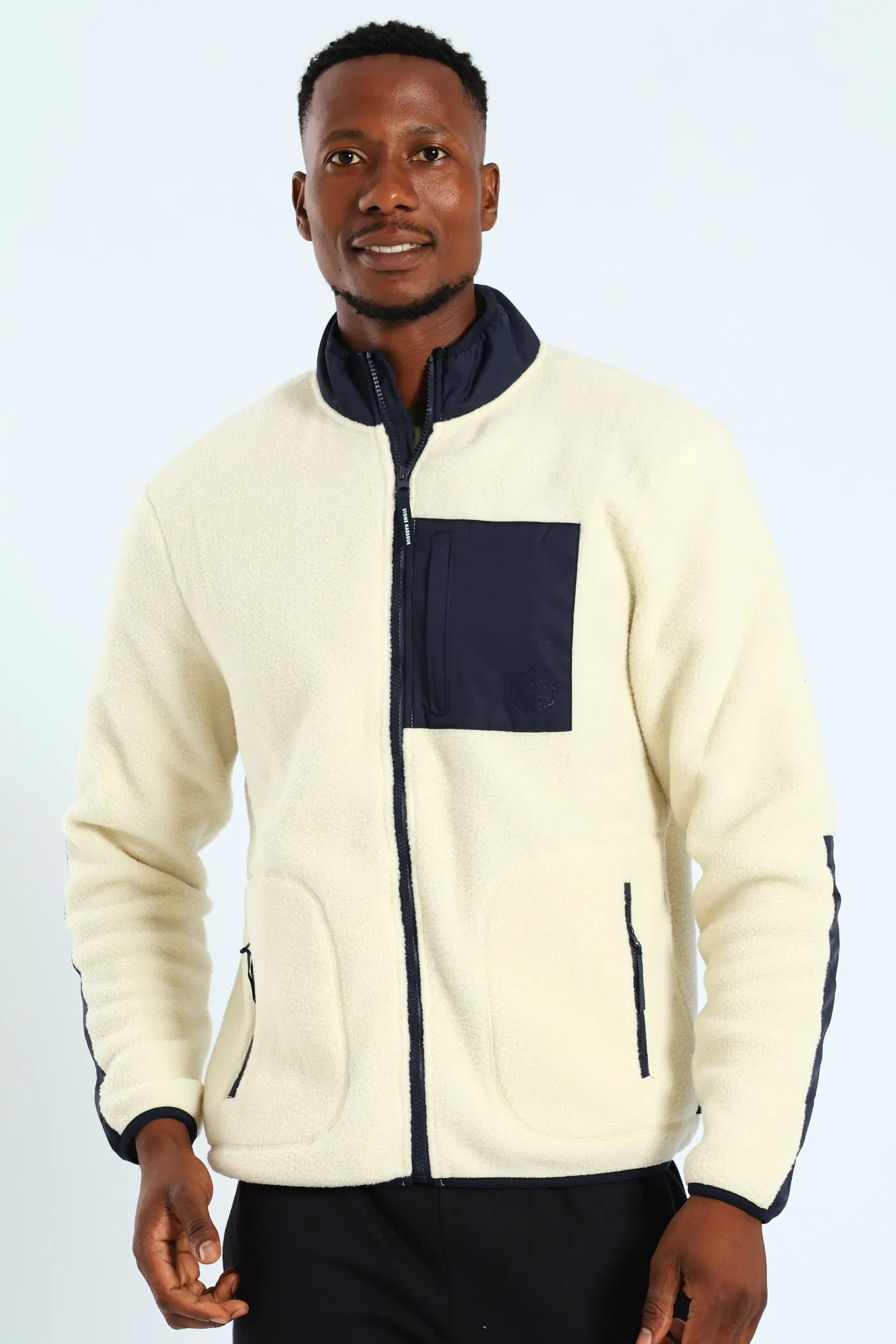 Polar Fleece Nylon Combo Zip Through Jacket - Light Stone/Navy